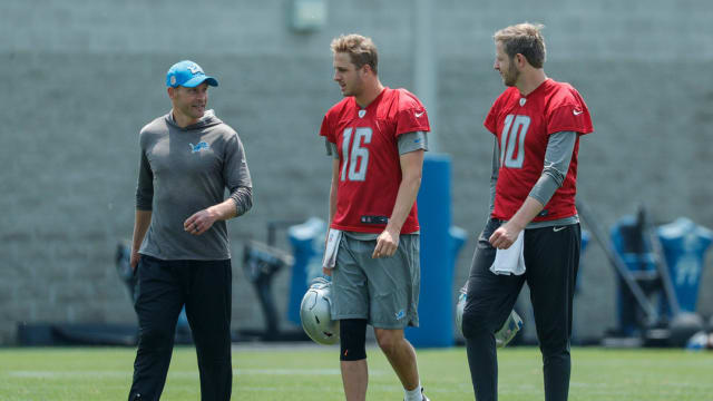 Detroit Lions quarterback Jared Goff with offensive coordinator Ben Johnson